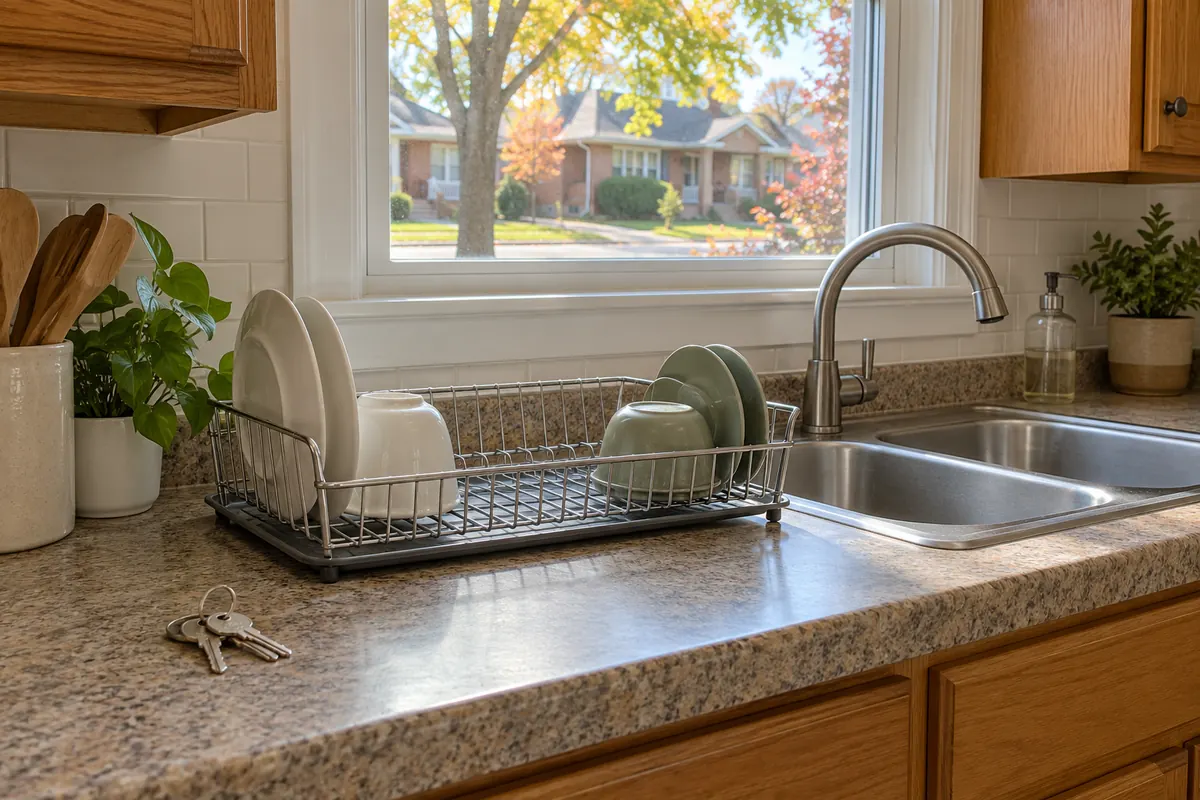 A kitchen counter with a set of keys