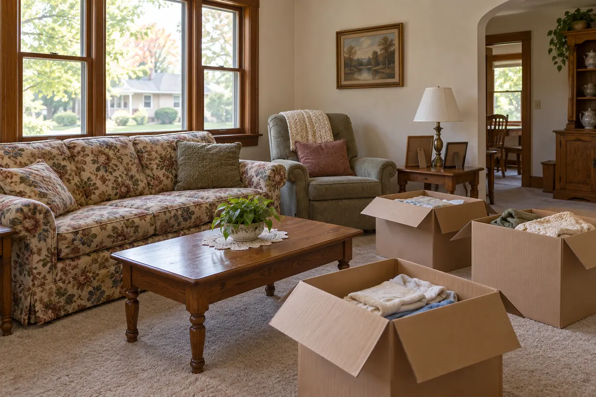 Living room of an older family home with a few packed boxes