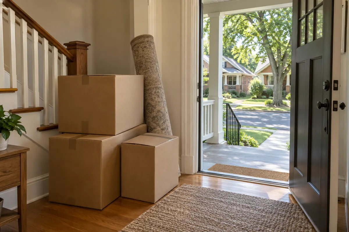 Moving boxes stacked by the front door of a house