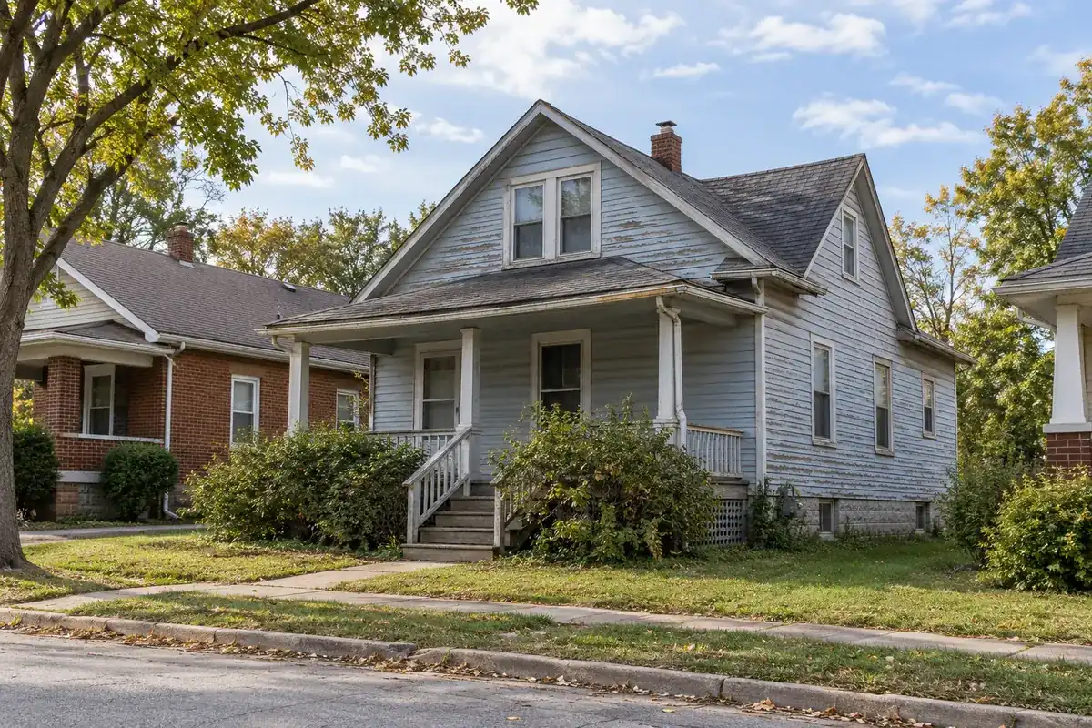 A house with peeling paint and worn roof shingles that needs repairs